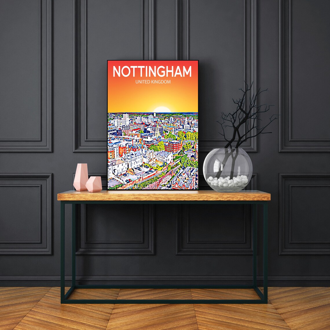 Nottingham United Kingdom Sunset Aerial Skyline Cityscape Art Poster - Image 3