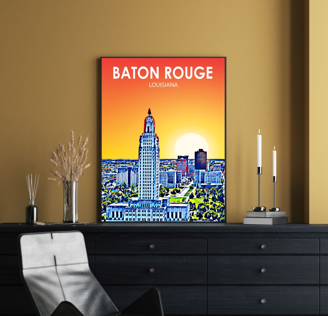 Baton Rouge Louisiana Sunset Art Deco Capitol Tower Skyline Poster - Image 2