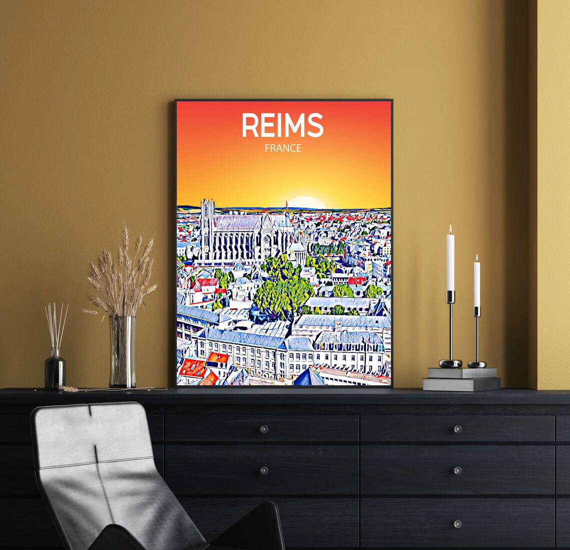 Reims France Art Poster Sunset Night Poster Art Print Reims City Modern Wall Art Colorful Skyline Photo Sketch - Image 2