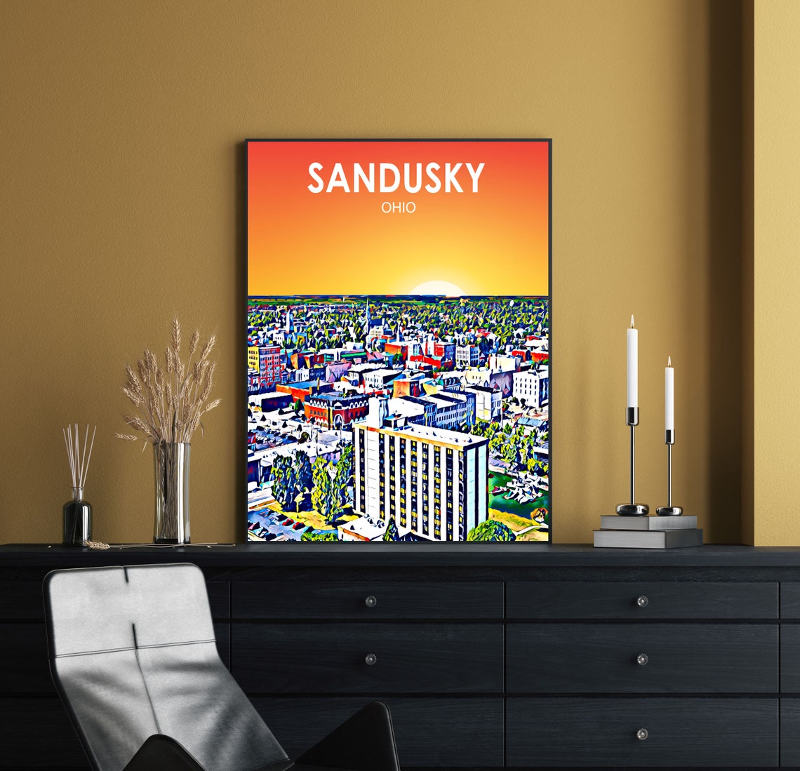 Sandusky Ohio Sunset Downtown Aerial City View Painted Art Poster - Image 2