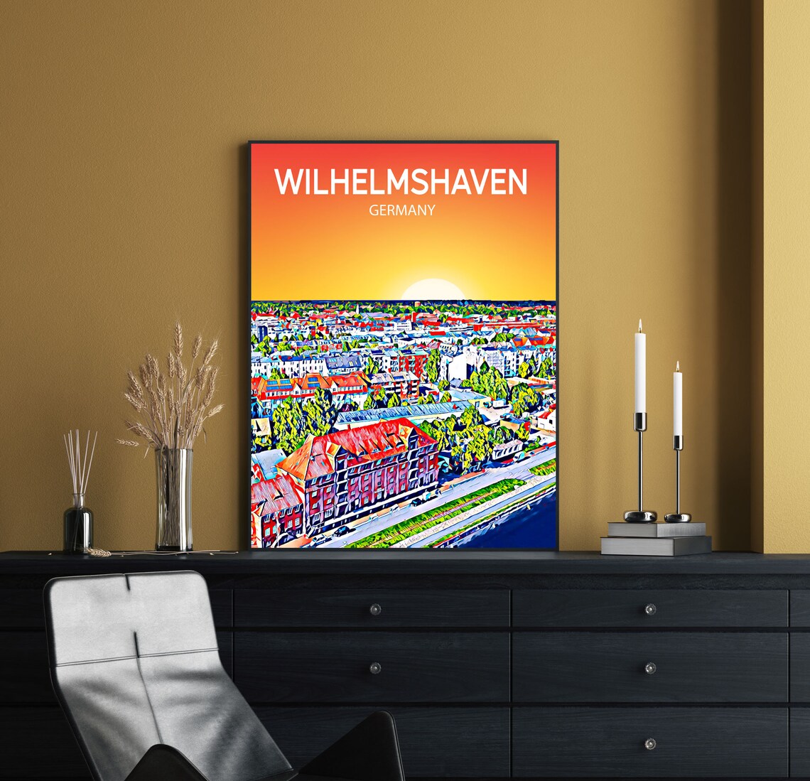 Wilhelmshaven Germany Vibrant Sunset Aerial Cityscape Travel Poster - Image 2