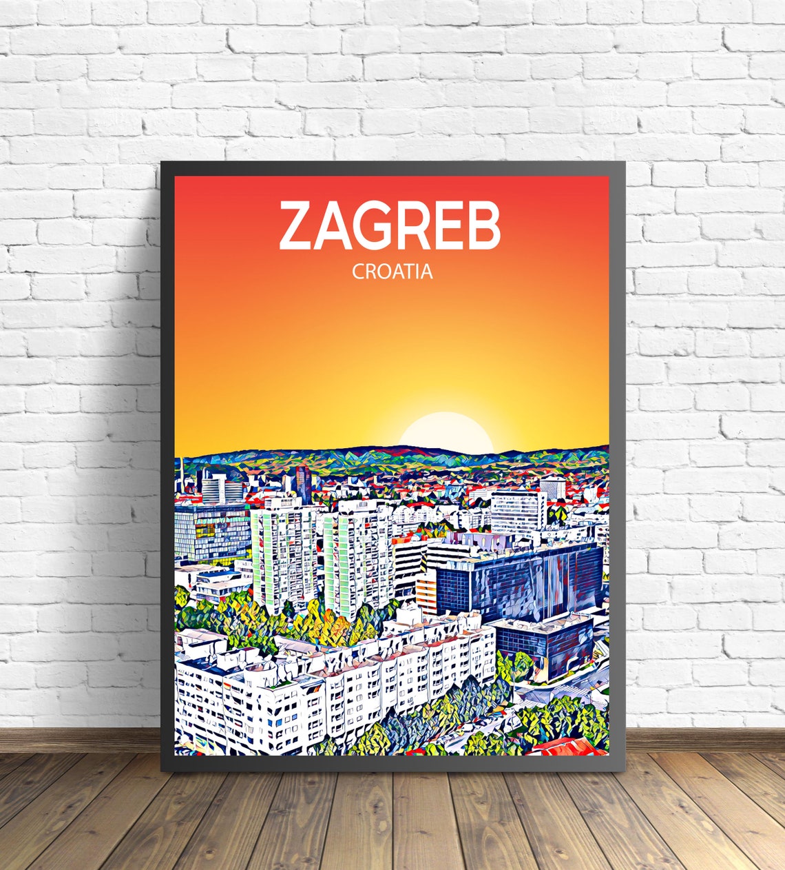 Zagreb Croatia Sunset Skyline City Panorama Pop Art Travel Poster