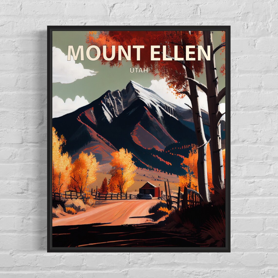 Mount Ellen Utah Red Barn Dirt Road Aspen Autumn Retro Travel Poster