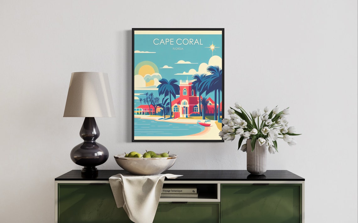 Cape Coral Florida Waterfront Palms Sunny Day Tropical Travel Poster - Image 3