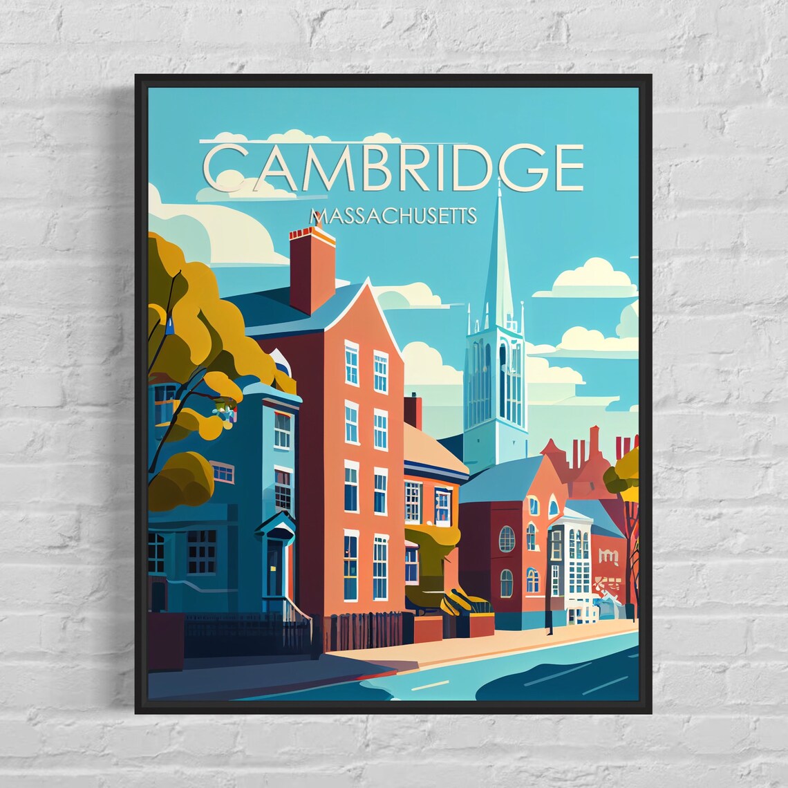 Cambridge Massachusetts Brick Row Houses Church Spire Retro Poster