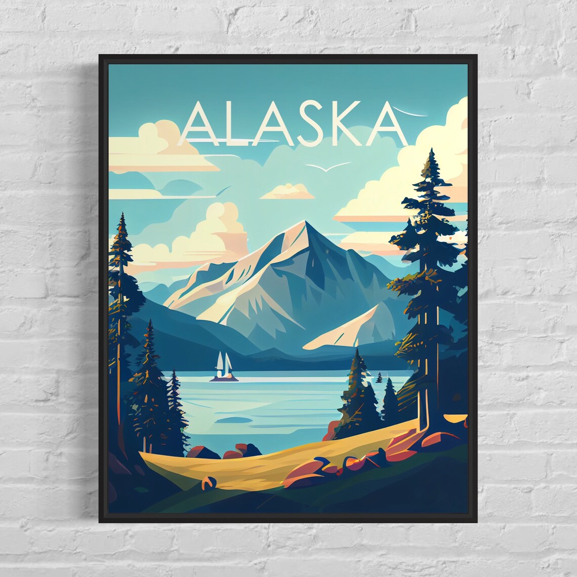 Alaska Mountain Lake Sailboat Snowcapped Peaks Retro Travel Poster