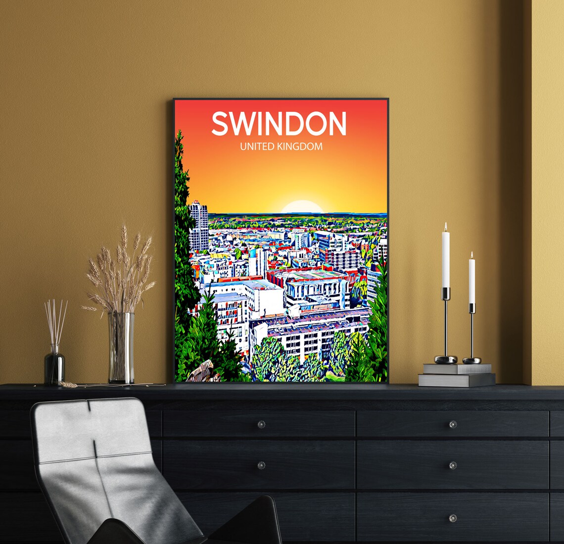 Swindon United Kingdom Sunset Skyline Modern City Art Poster - Image 2