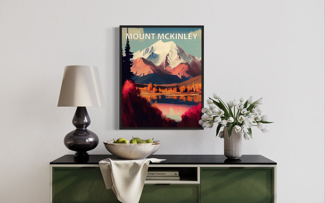 Mount McKinley Alaska Golden Snow Peak Lake Reflection Dusk Poster - Image 2