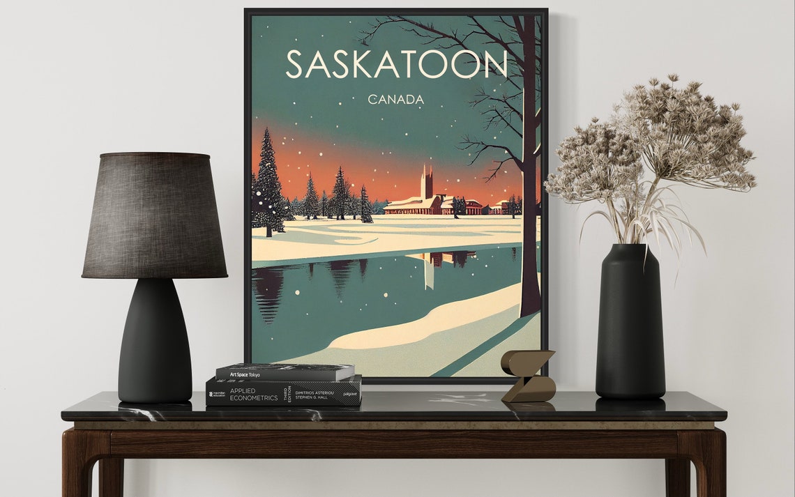 Saskatoon Canada Winter Snowfall River Reflection Retro Travel Poster - Image 2