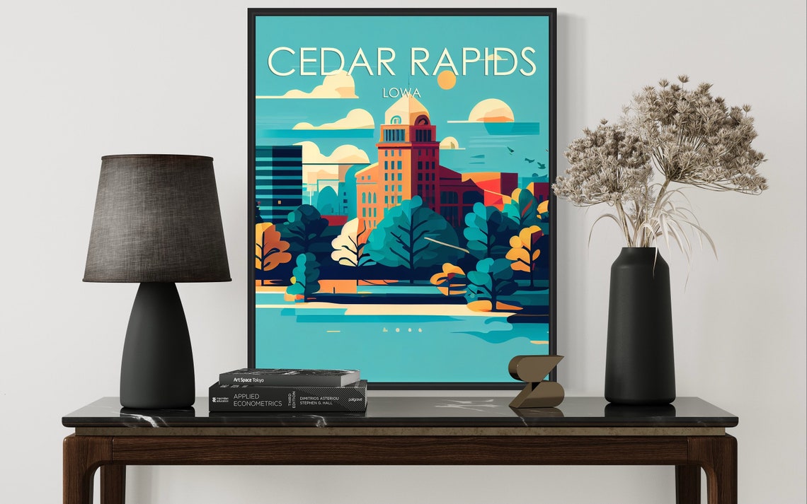 Cedar Rapids Iowa Retro Skyline Golden Sunset Riverfront Poster - Image 3