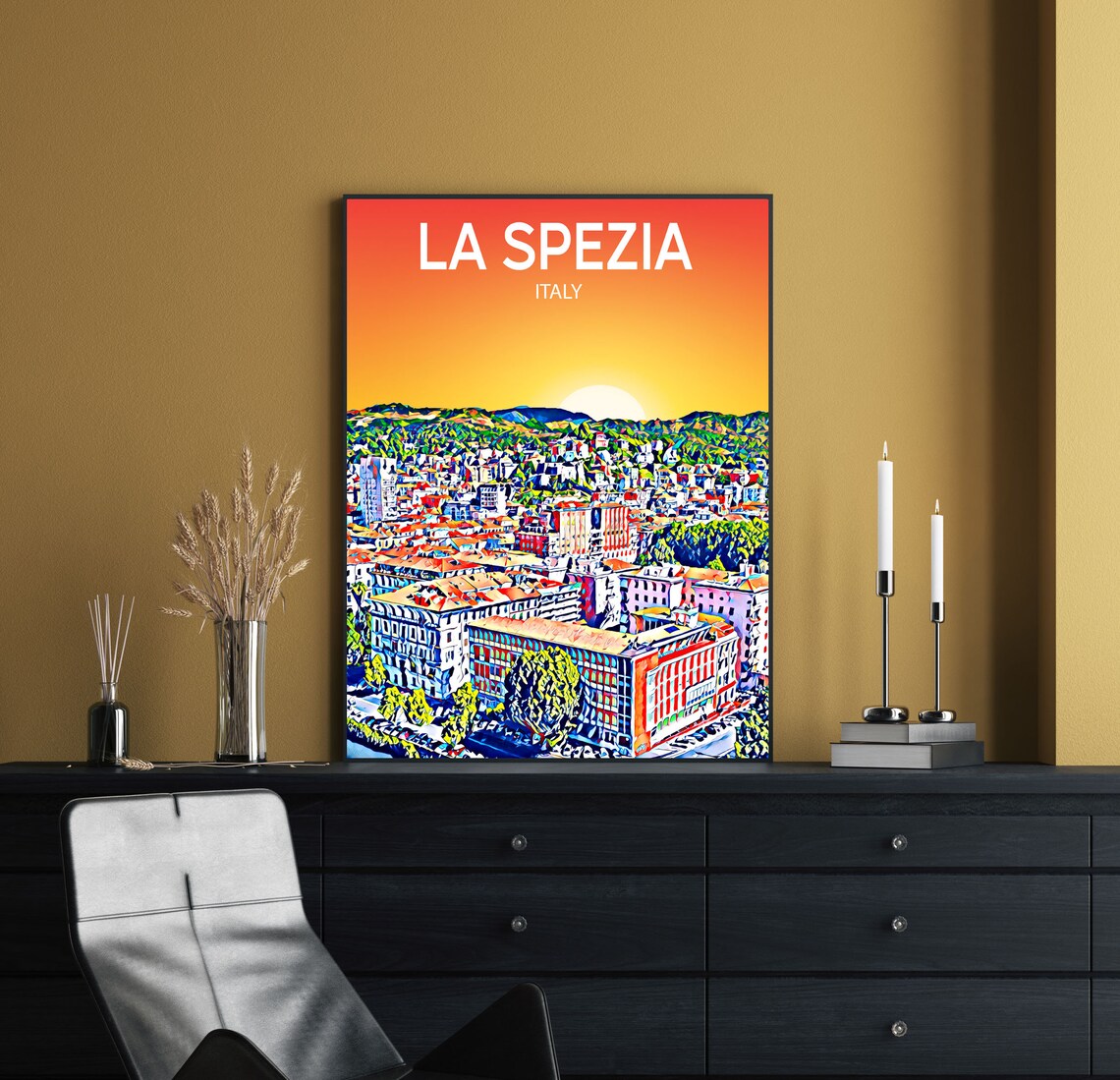 La Spezia Italy Sunset Skyline Vibrant Mosaic Cityscape Art Poster - Image 2
