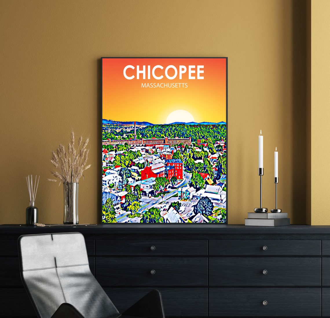 Chicopee Massachusetts Sunset Mill Town Aerial Skyline Poster - Image 2