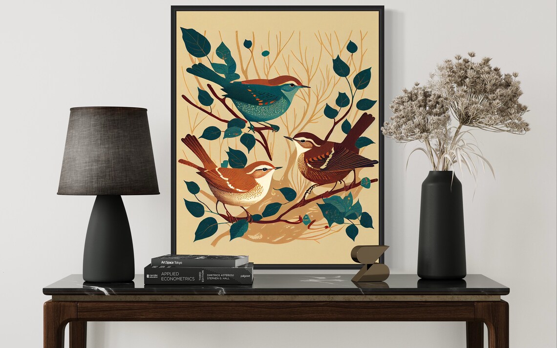 Three Wrens Branch Botanical Vintage Style Bird Song Art Poster - Image 2