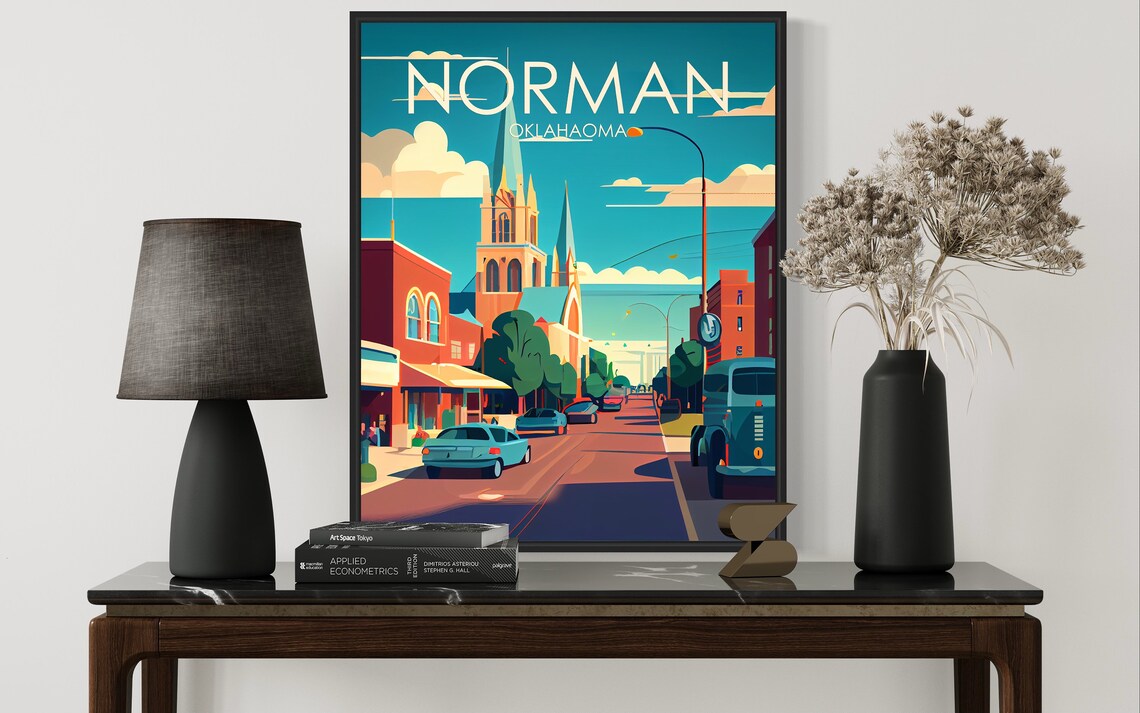 Norman Oklahoma Historic Downtown Church Retro Street Travel Poster - Image 2