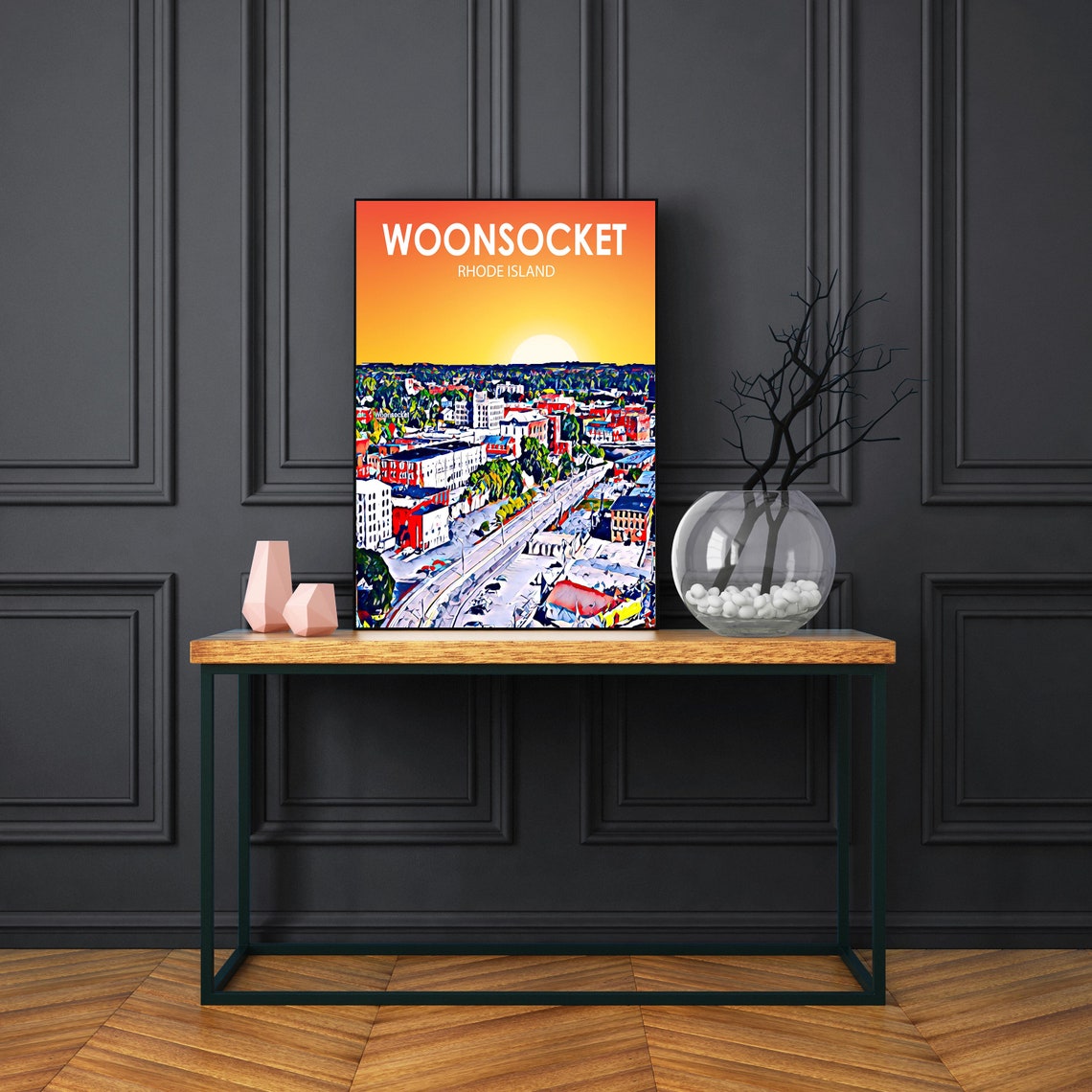 Woonsocket Rhode Island Sunset Main Street Aerial Painted Poster - Image 3