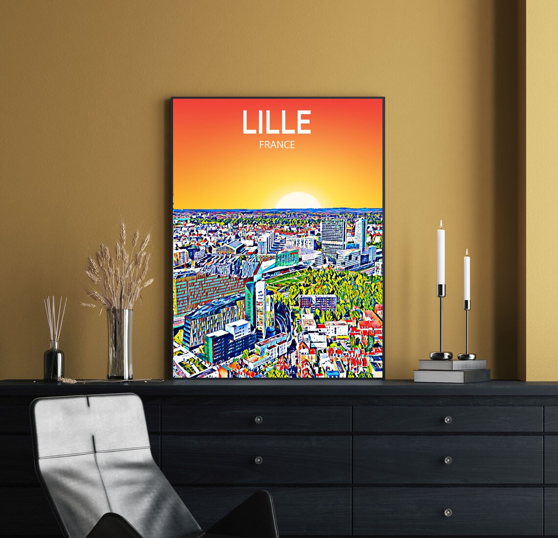 Lille France Sunset Skyline Vibrant Mosaic Cityscape Art Poster - Image 2