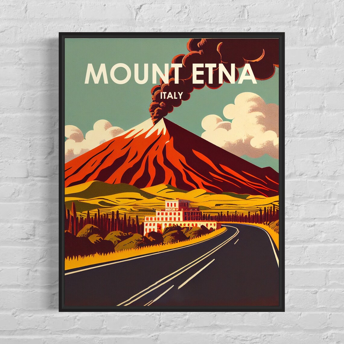 Mount Etna Italy Smoking Volcano Roadside Vintage Travel Poster