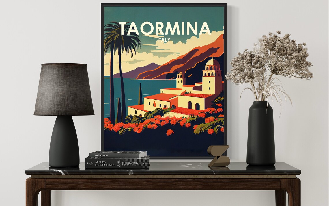 Taormina Italy Sicilian Coast Red Flowers Villa Retro Travel Poster - Image 3
