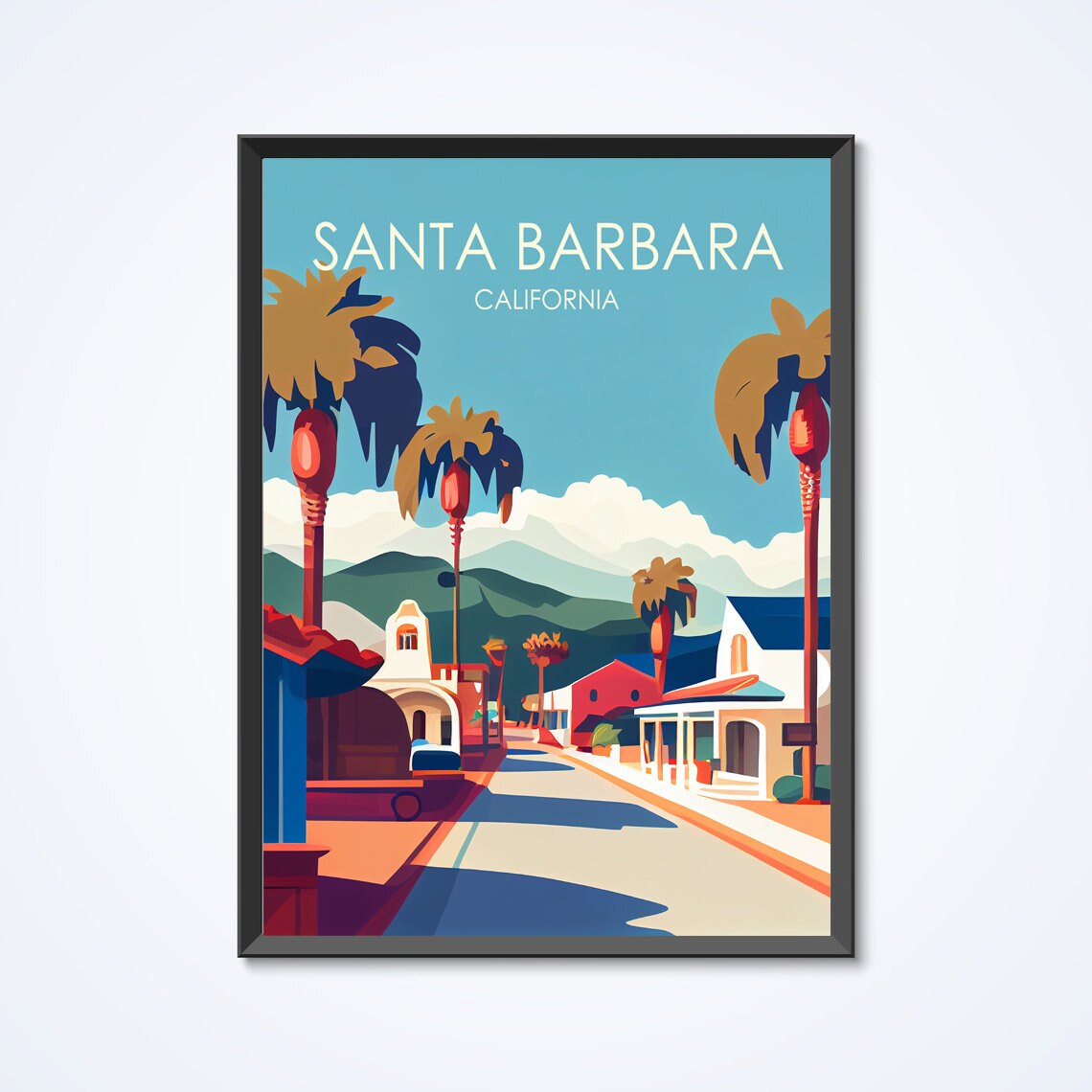Santa Barbara California Palm Lined Street Mountain Retro Travel Poster