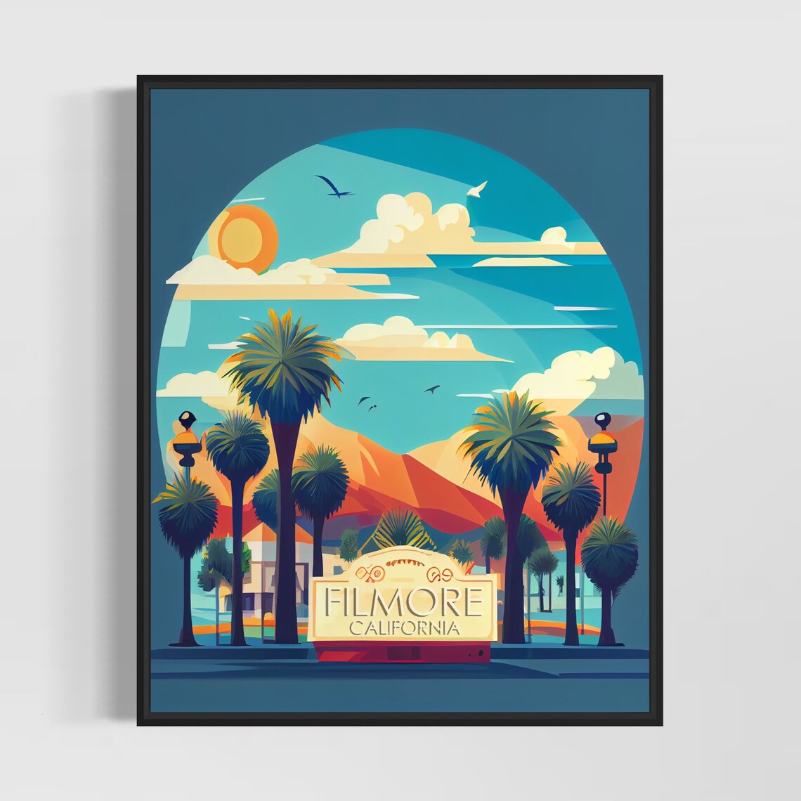 Fillmore California Vintage Welcome Sign Palm Circle Art Poster