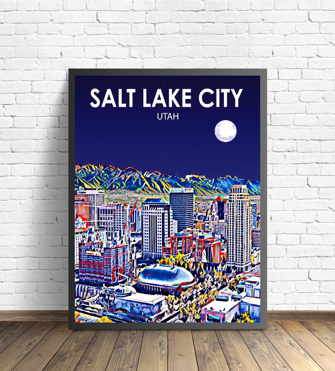 Salt Lake City Utah Moonlit Night Skyline Mountain Art Poster