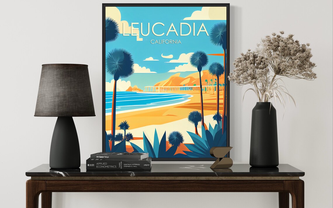 Leucadia California Surf Beach with Palms and Pier Retro Travel Poster - Image 3