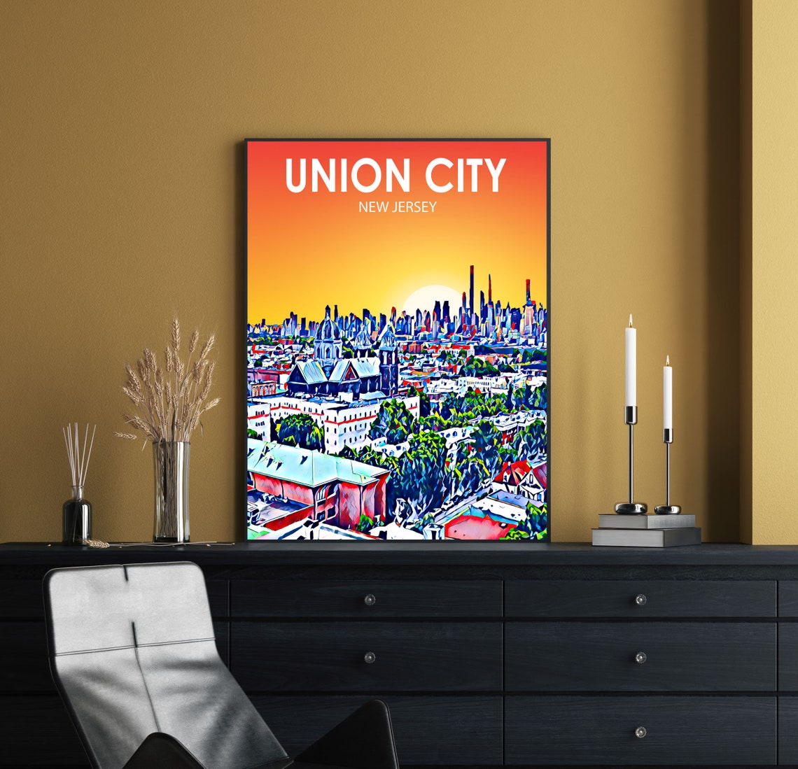 Union City New Jersey Sunset City Skyline Colorful Sketch Poster - Image 2