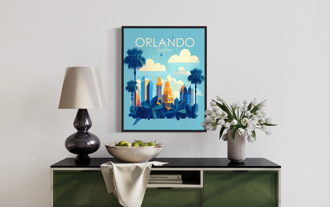 Orlando Florida Skyline Tropical Palms Cityscape Retro Art Poster - Image 2