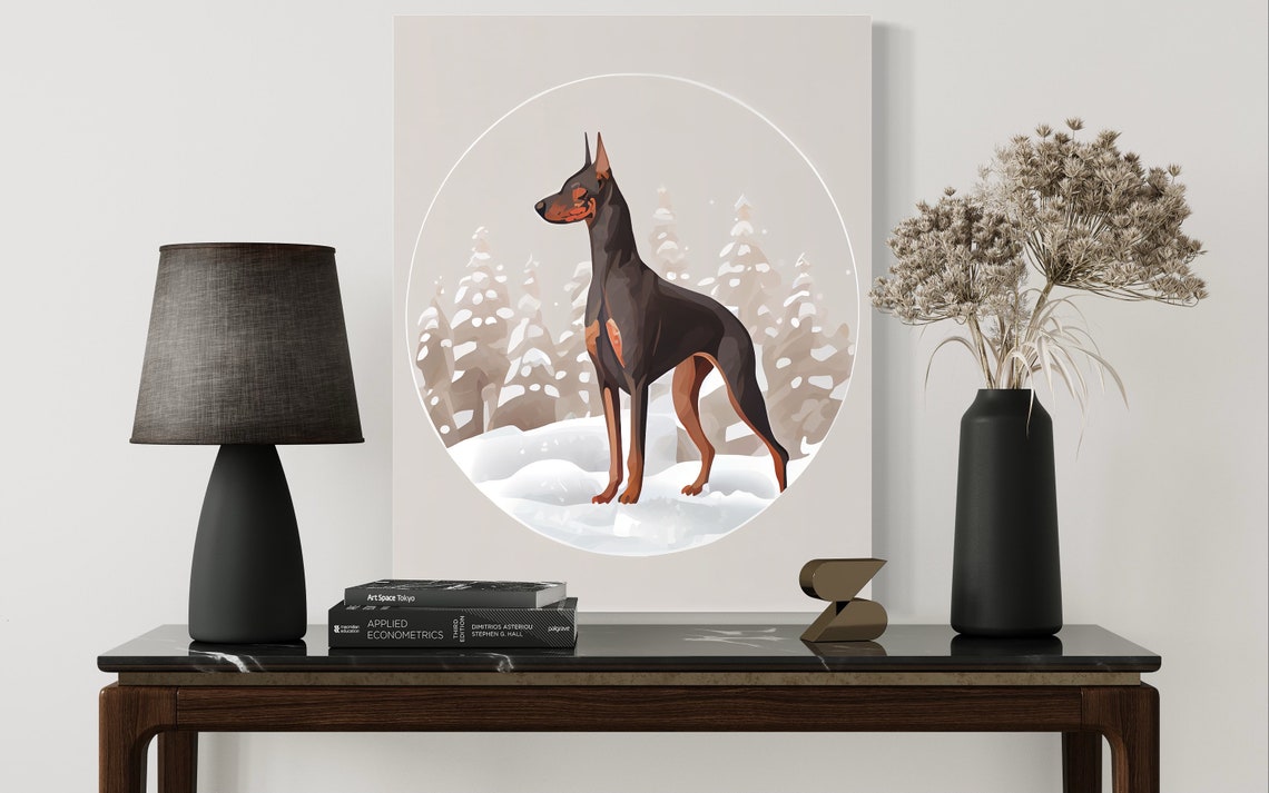 Black and Tan Dobermann Standing in Snowy Forest Circle Poster - Image 2