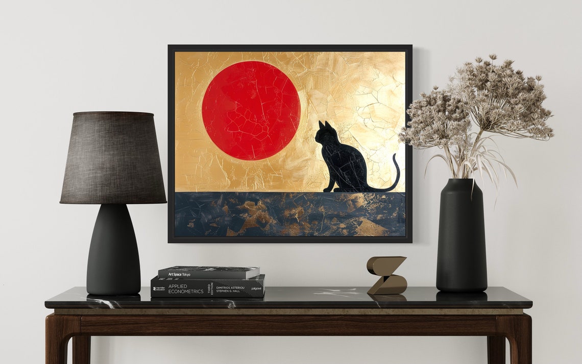 Black Cat Silhouette Gazing at Red Sun Minimalist Art Poster - Image 2