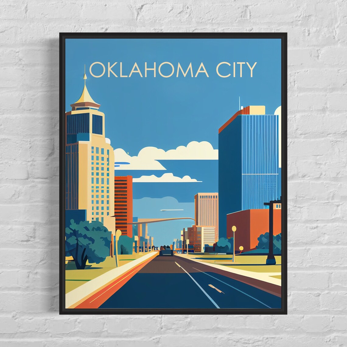 Oklahoma City Skyline Wide Boulevard Vintage Travel Art Poster