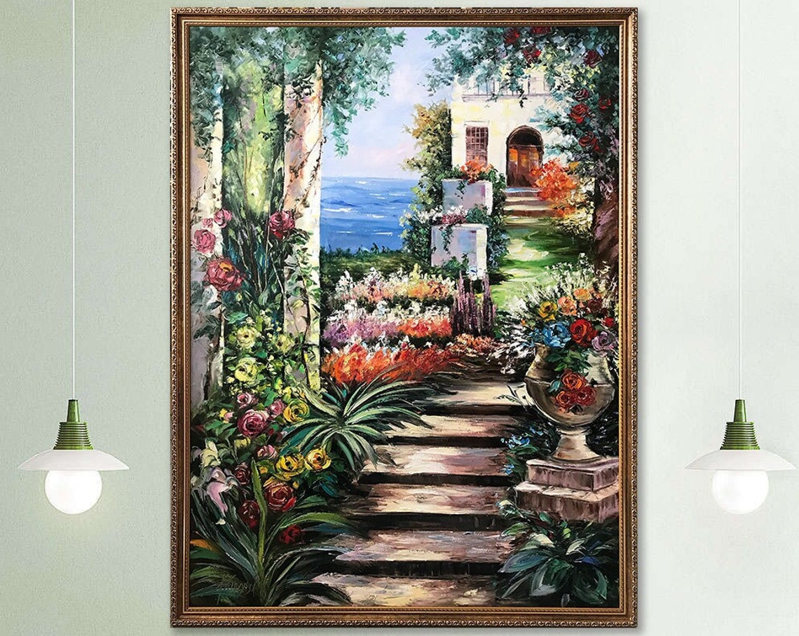 Italian Garden Steps Roses Sea View Framed Terrace Travel Poster - Image 2
