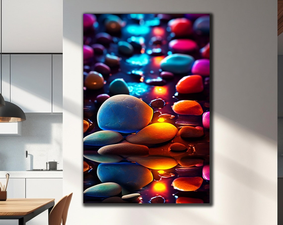 Colorful Glowing Zen Stones Macro Water Reflection Art Wall Poster
