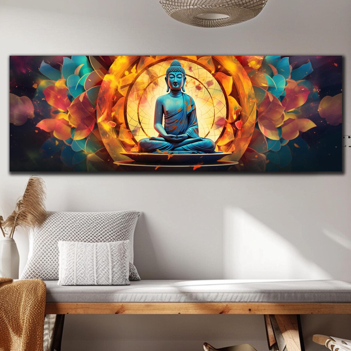 Blue Buddha Fiery Mandala Halo Floating Lotus Panoramic Wall Art