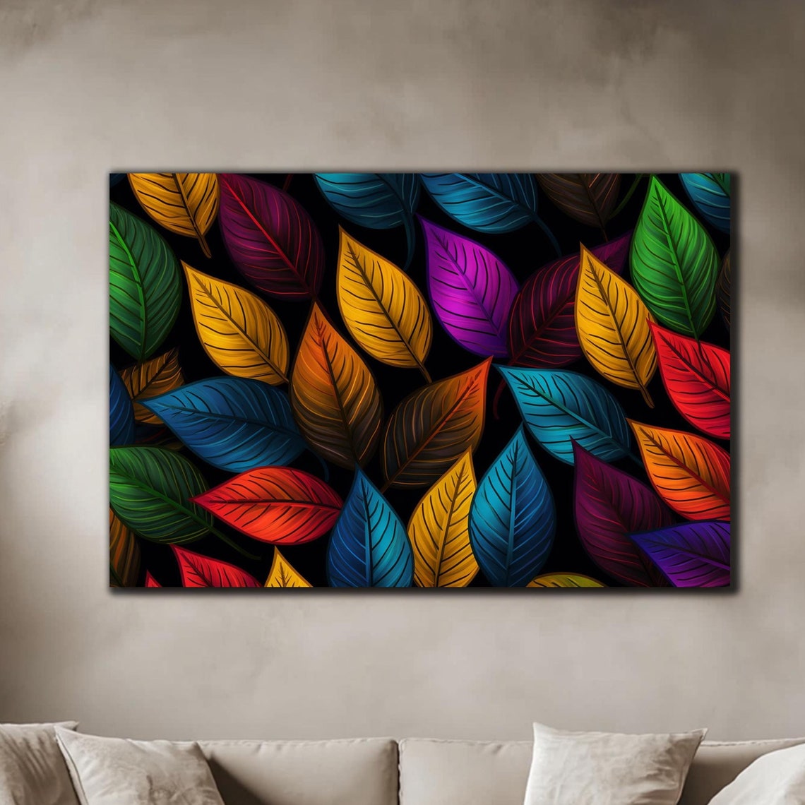 Colorful Fall Leaves Pattern Black Background Vivid Botanical Print