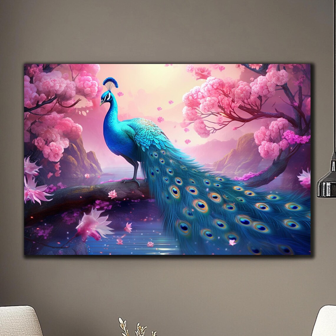 Peacock With Cherry Blossoms Pink Floral Fantasy Bird Wall Art Poster