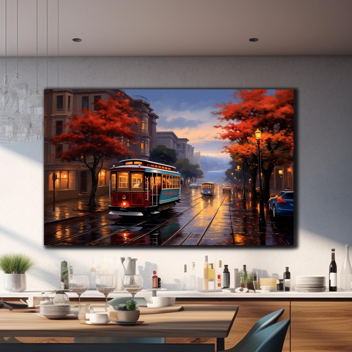 San Francisco Cable Car Autumn Rainy Street Wet Pavement Poster