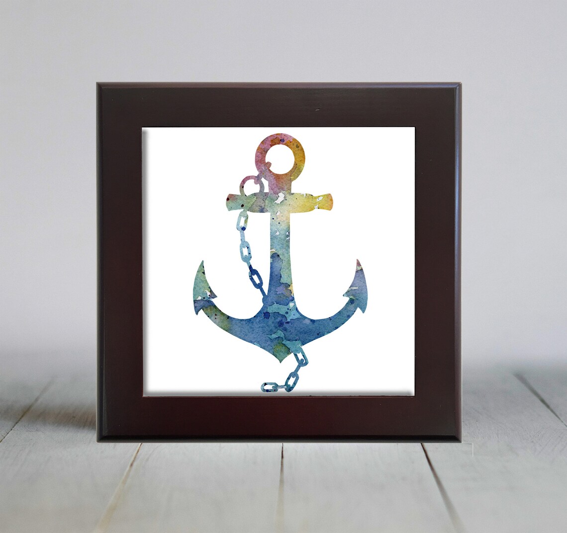 Blue and Green Watercolor Anchor with Chain Nautical Wall Art - Image 2