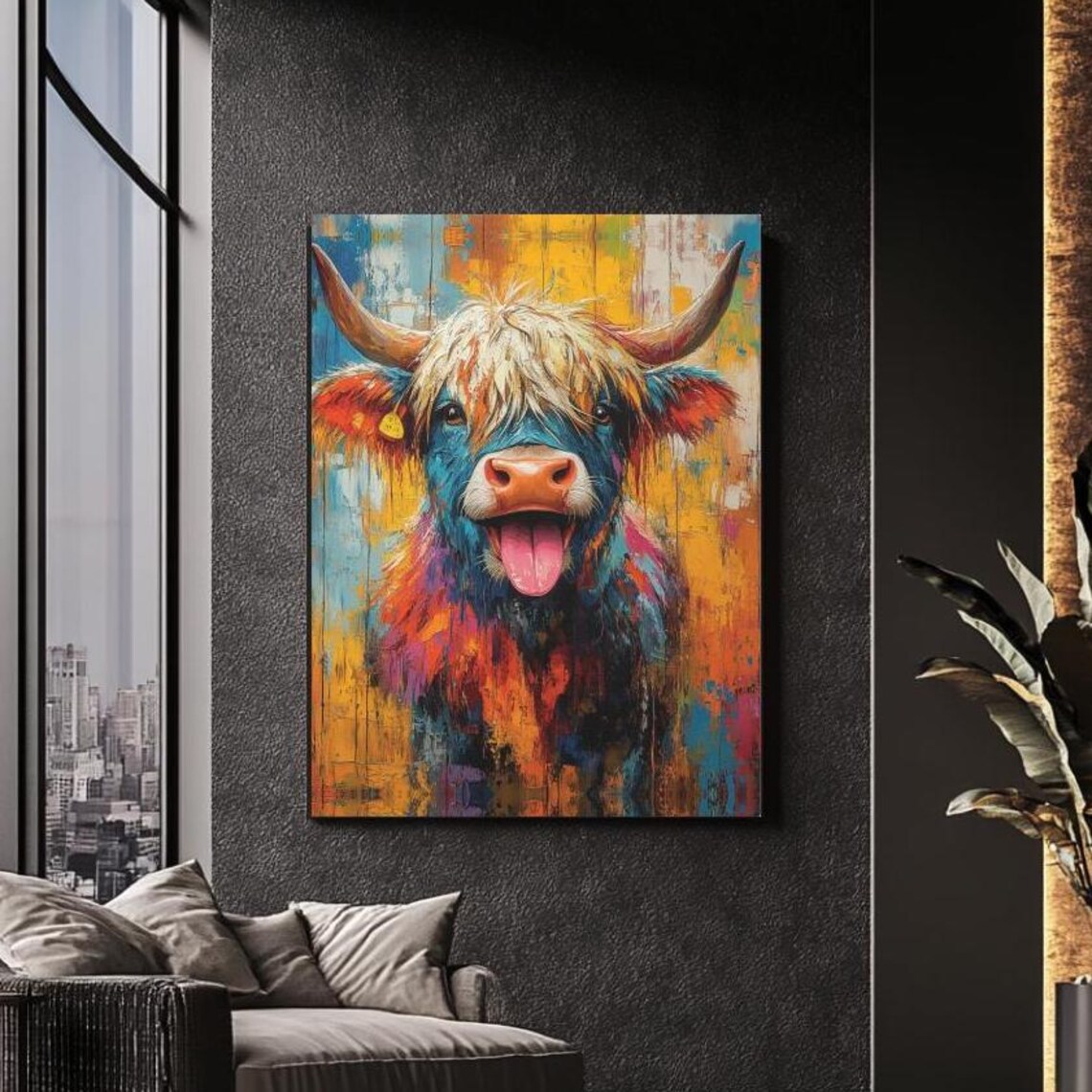 Funny Highland Cow Tongue Out Colorful Pop Art Farmhouse Cow Poster