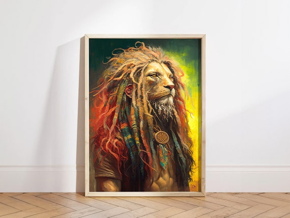 Hippie Lion Portrait With Dreadlocks Colorful Animal Human Body Funny Poster Altered Art Print Unique