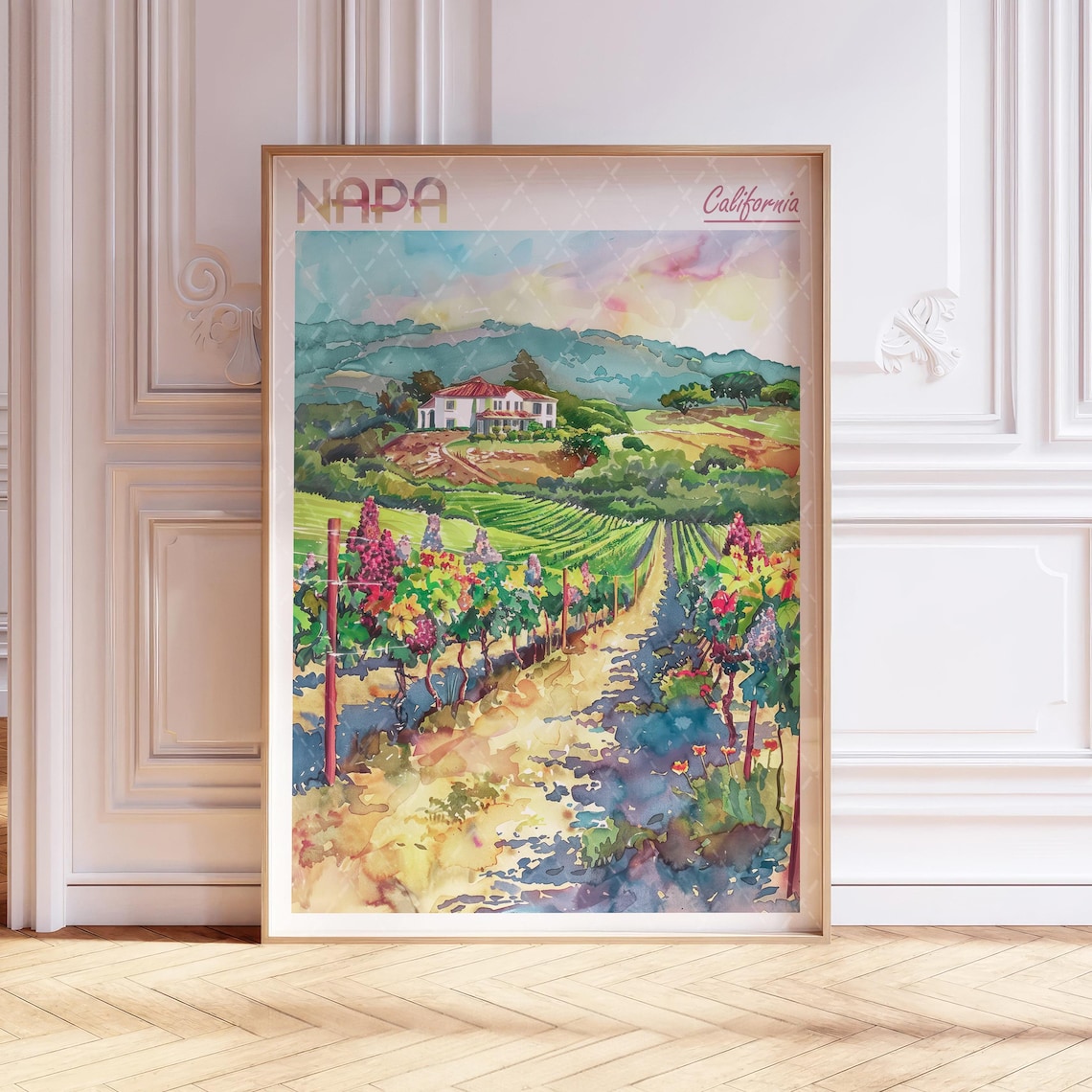 Napa California Vineyard Watercolor Wine Country Travel Poster