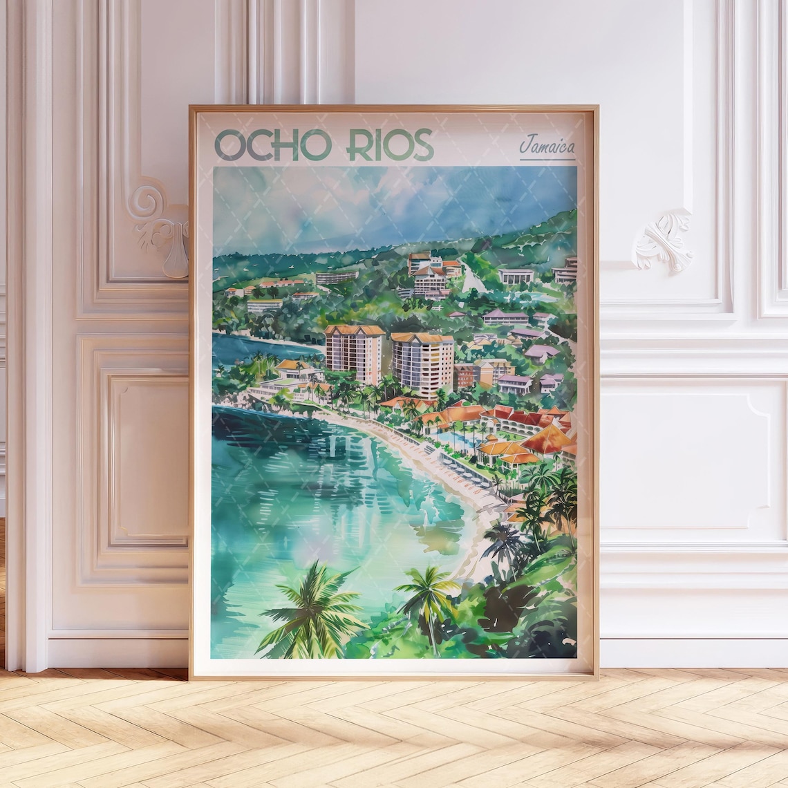 Ocho Rios Jamaica Tropical Coastline Watercolor Travel Poster