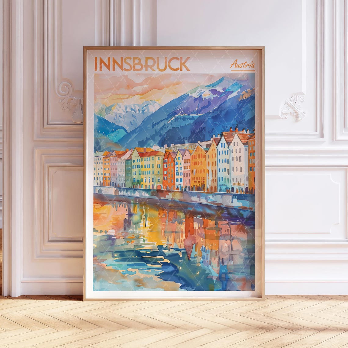 Innsbruck Austria Watercolor Riverside Poster With Colorful Houses