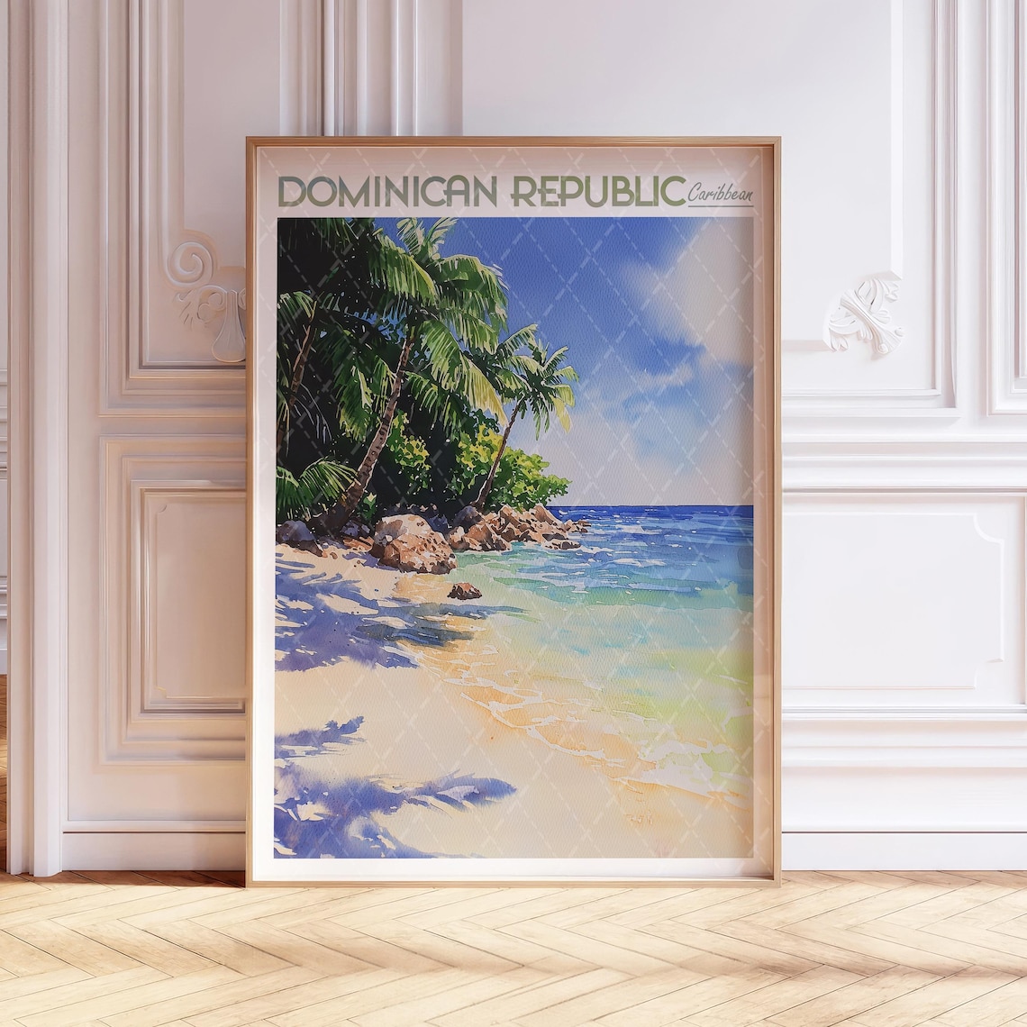 Dominican Republic Caribbean Beach Palm Trees Watercolor Travel Poster