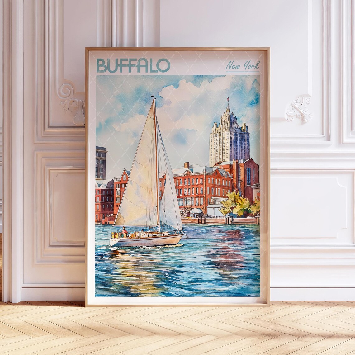 Buffalo New York Waterfront Watercolor Travel Poster Sailboat Harbor