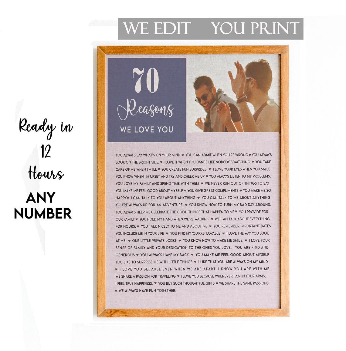 70 Reasons We Love You Navy Pink Split Photo Keepsake Poster