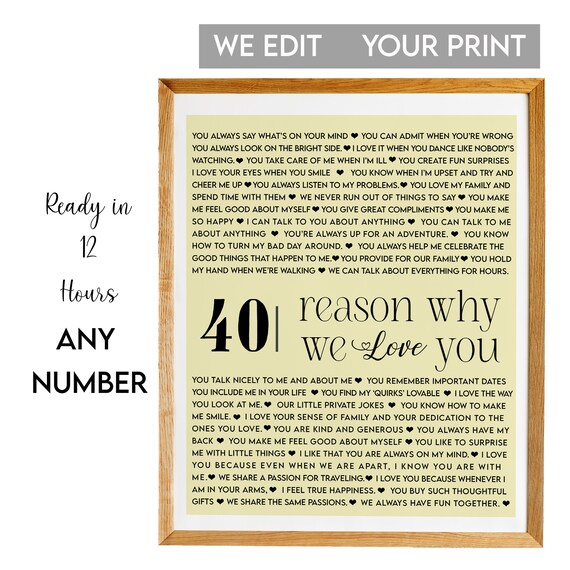 40 Reason Why We Love You Cream Typographic Keepsake Art Poster
