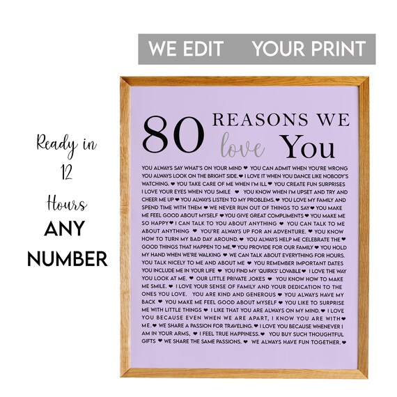 80 Reasons Why We Love You Lavender 80th Birthday Milestone Poster