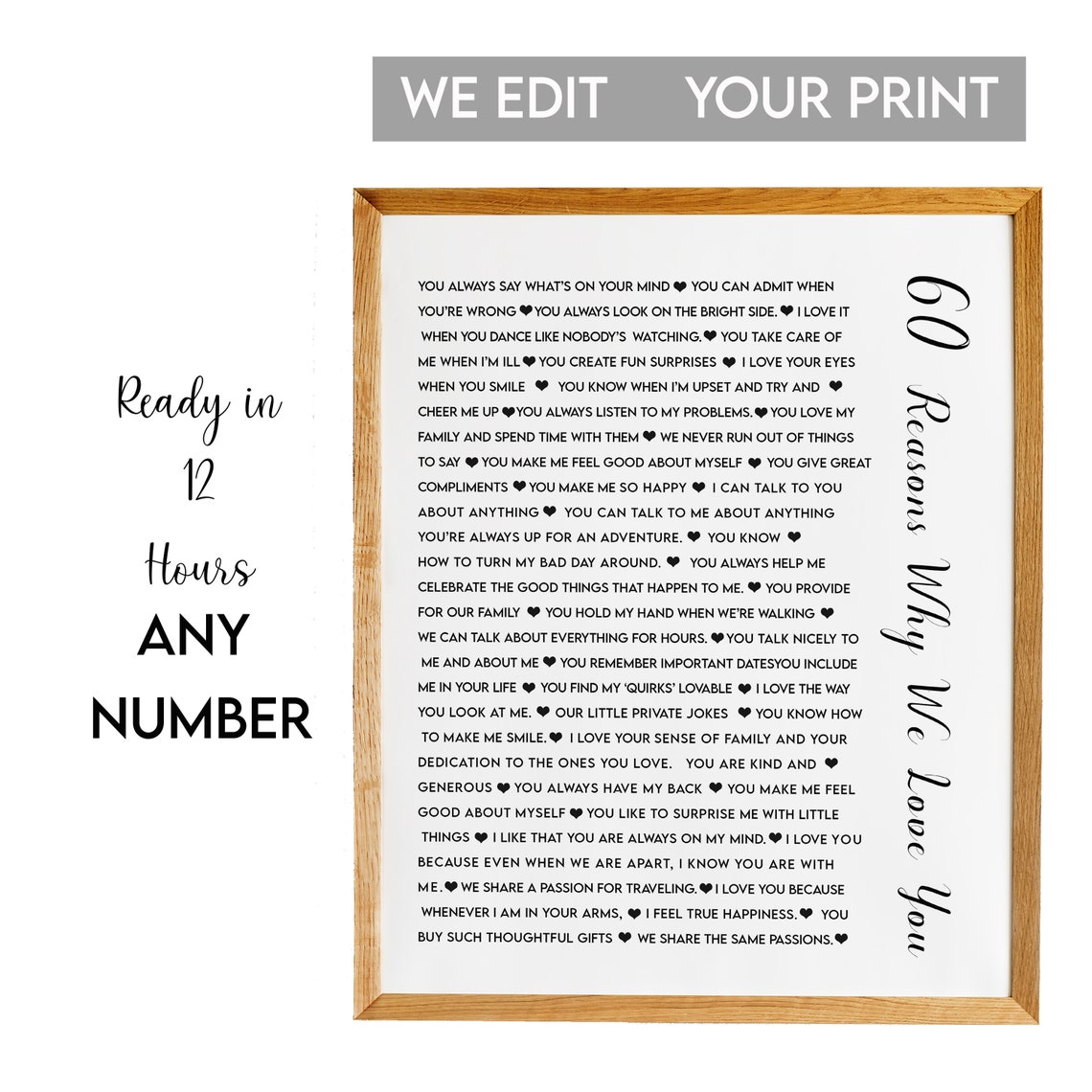 60 Reasons Why We Love You Vertical Script Romantic Milestone Poster