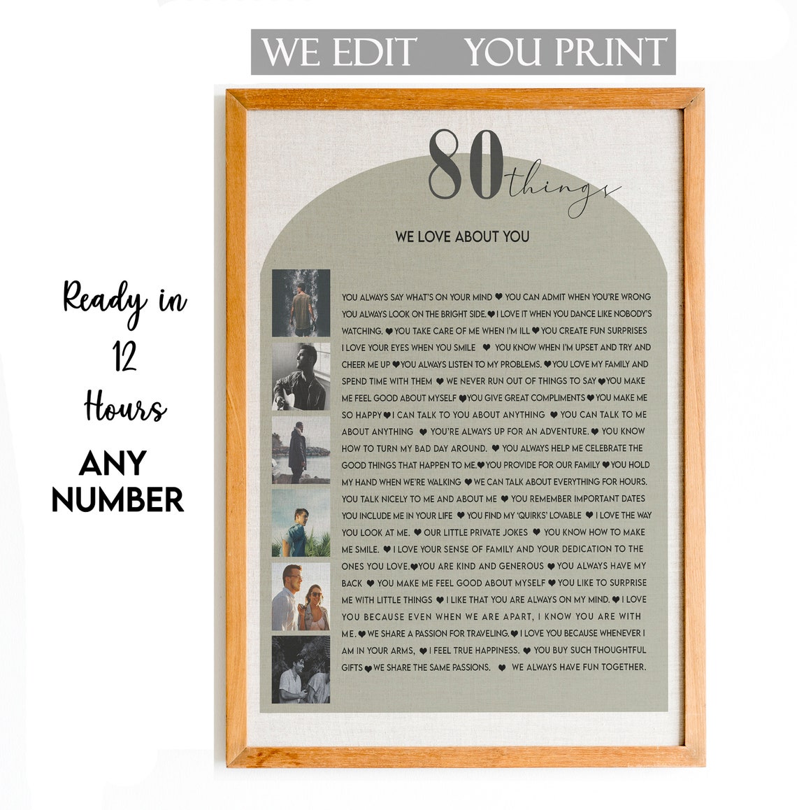 80 Things We Love About You Sage Green Photo List Keepsake Poster